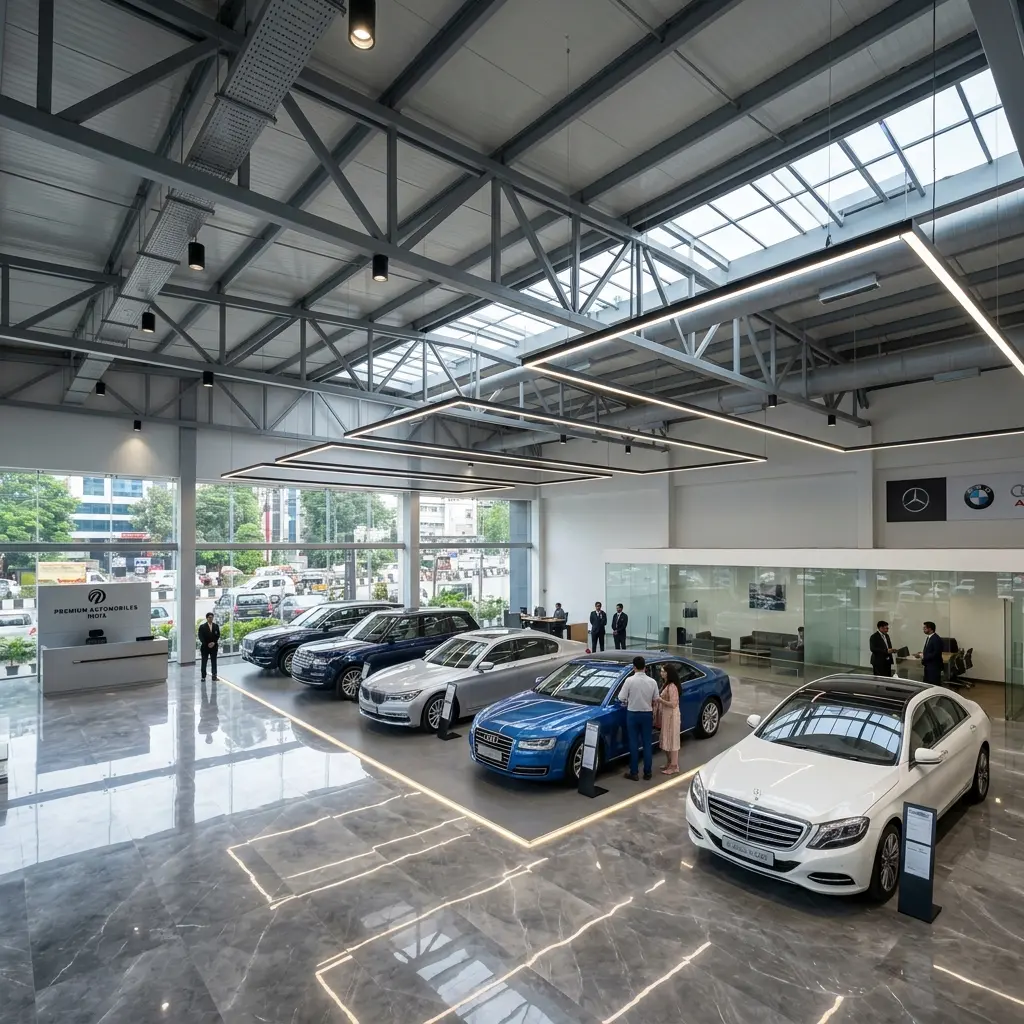 Vast column-free interior of a premium car showroom
