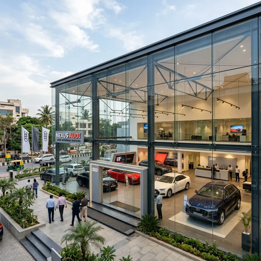 Modern premium automobile showroom with glass facade