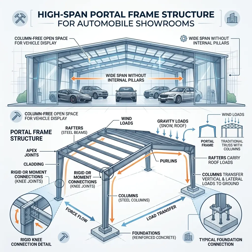 Topology of a portal frame structure for column-free space