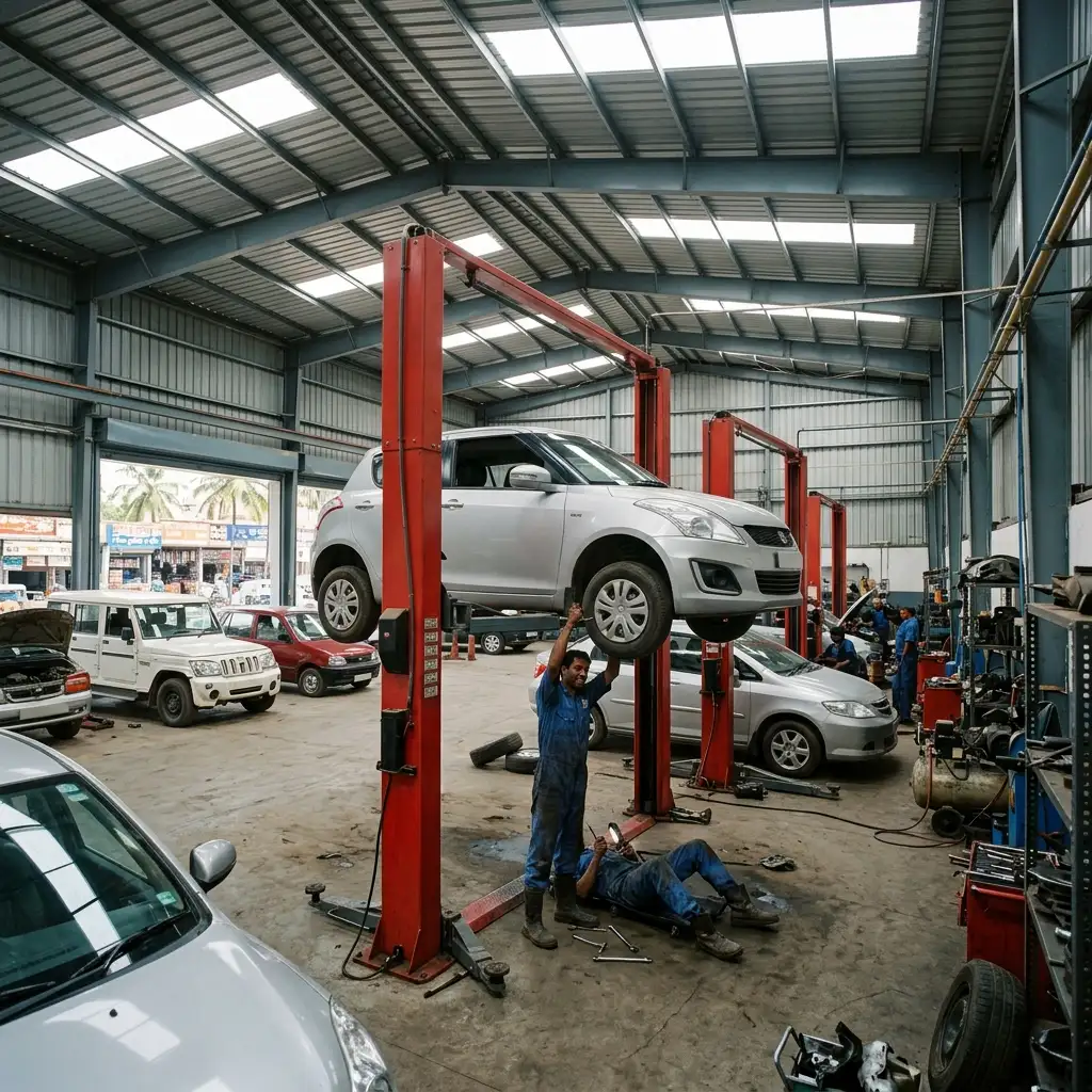 Inside view of Indian auto repair garage with PEB roof