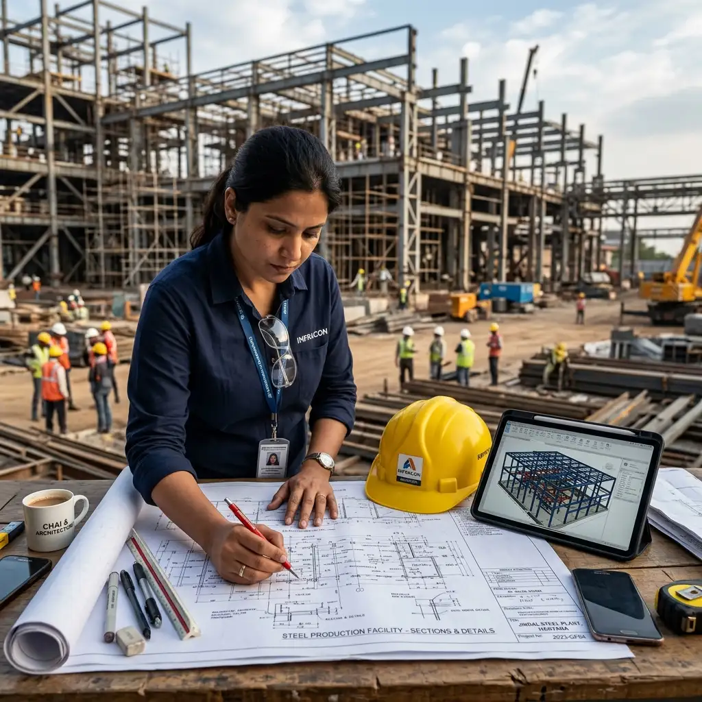Indian architect reviewing steel factory blueprints