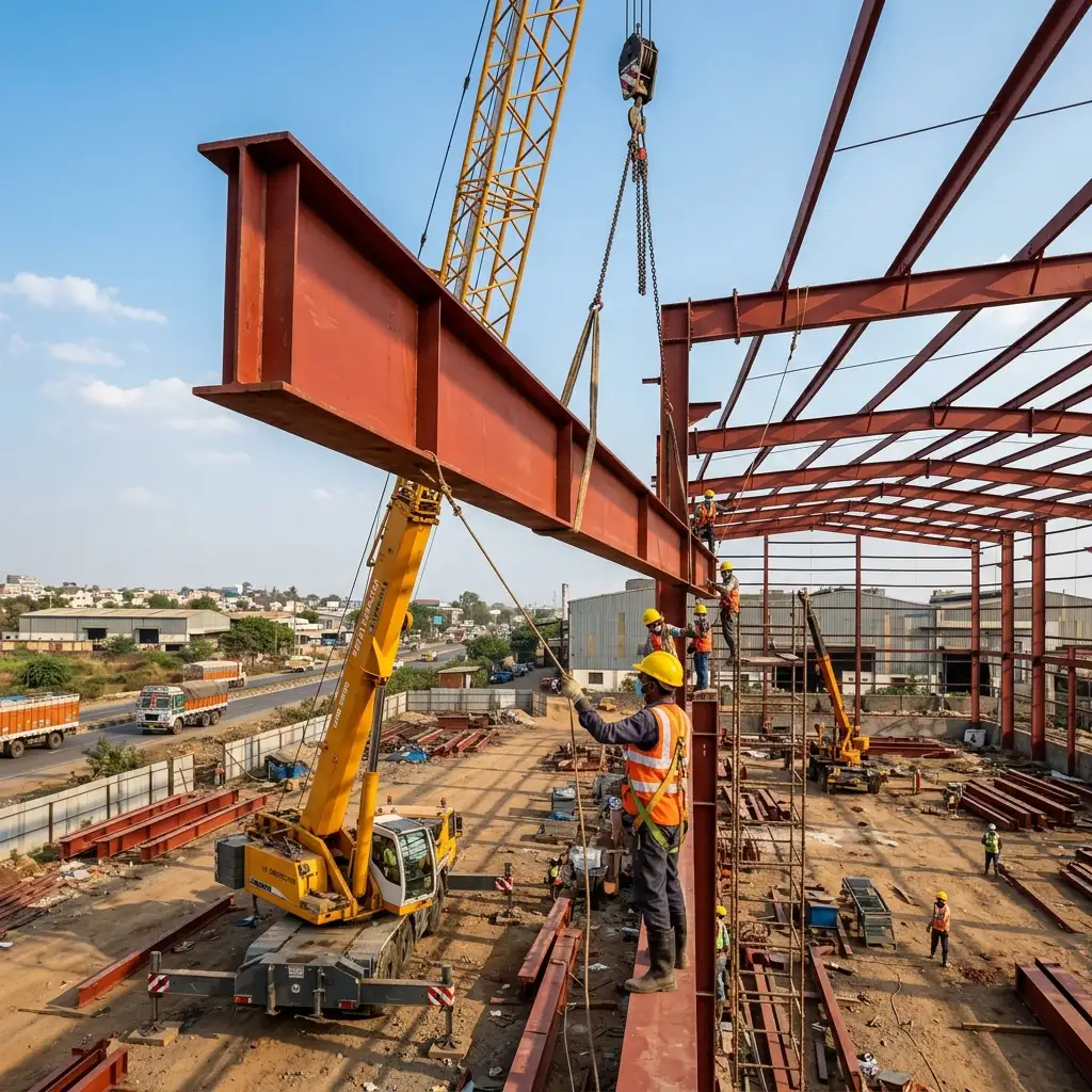 PEB construction site with steel beams and cranes
