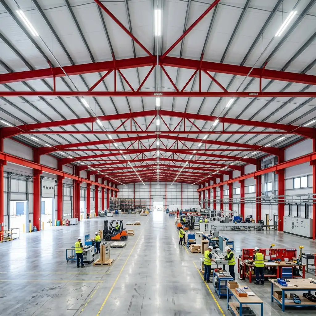 Clean column-free industrial factory shed interior with LED lights