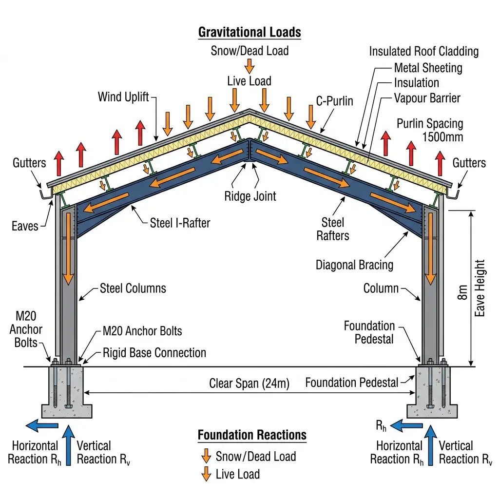 Technical diagram of clear-span steel roof load distribution