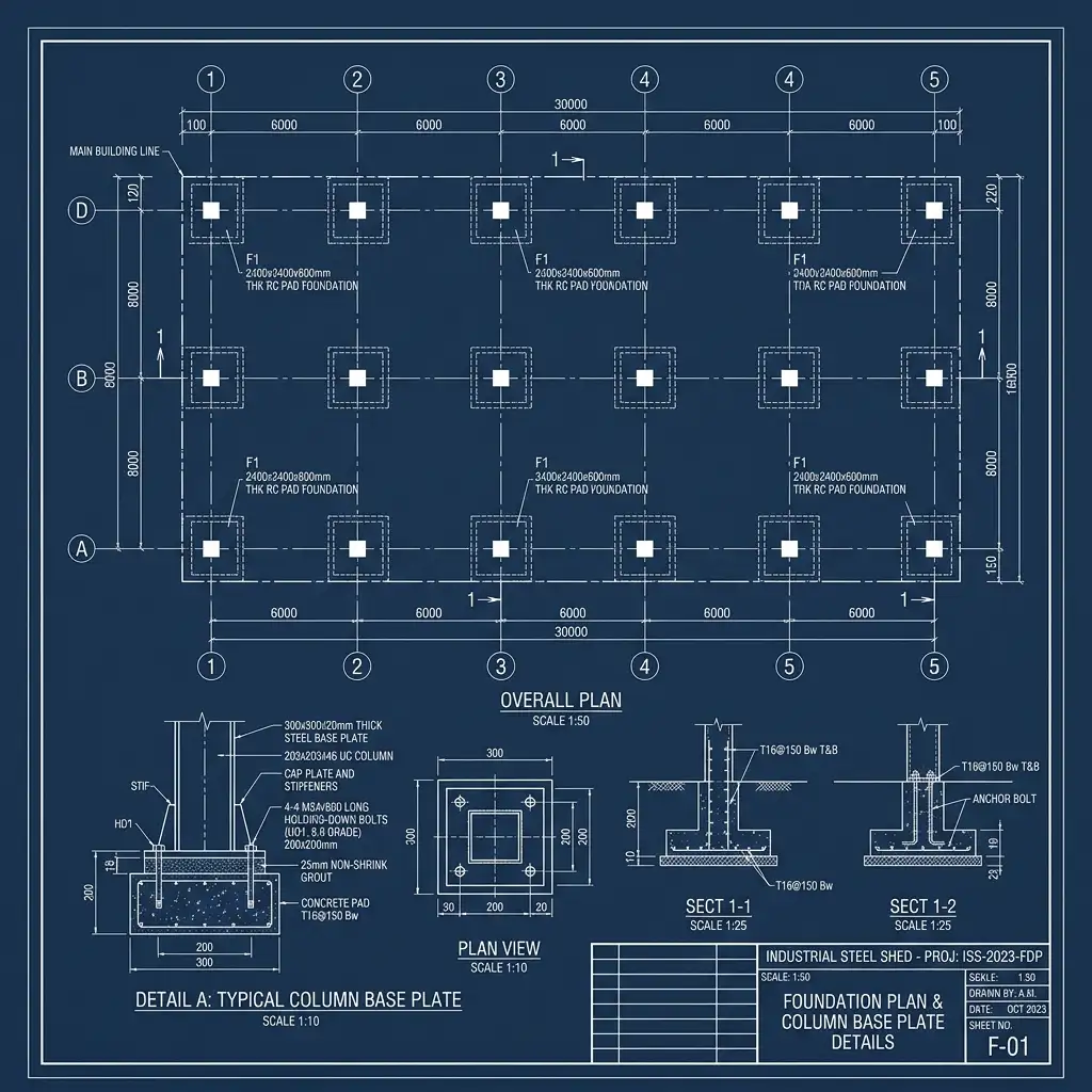 Technical architectural blueprint of foundation layout