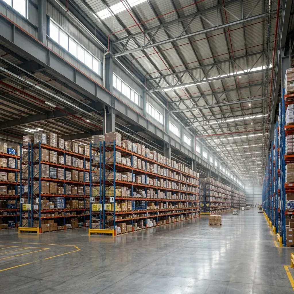 Interior of a massive warehouse with high ceilings and racks