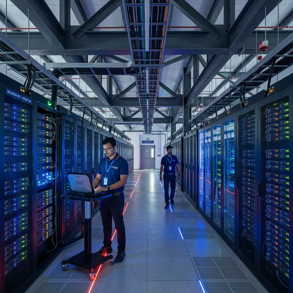 Interior of a modern data center with server racks