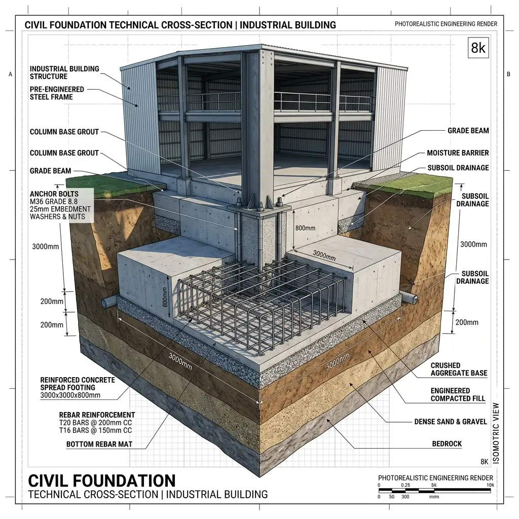 Technical topology of civil foundation and anchor bolts for PEB