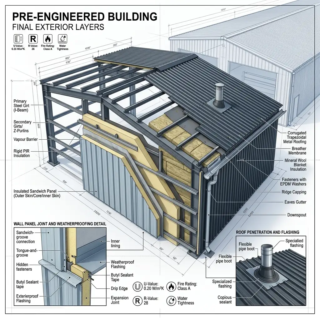 Technical topology of final cladding, insulation, and roofing on a PEB