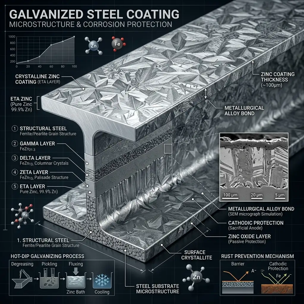 Technical 3D macro close-up of a galvanized steel structural I-beam
