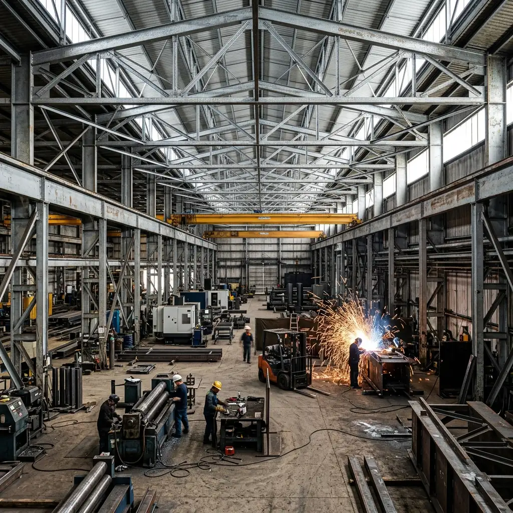 Interior of a heavy manufacturing factory with massive galvanized steel trusses