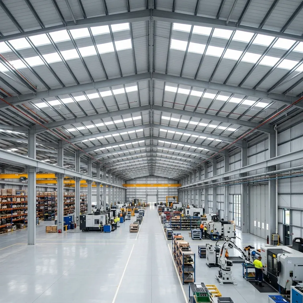 Massive clear span PEB factory interior with sunlight
