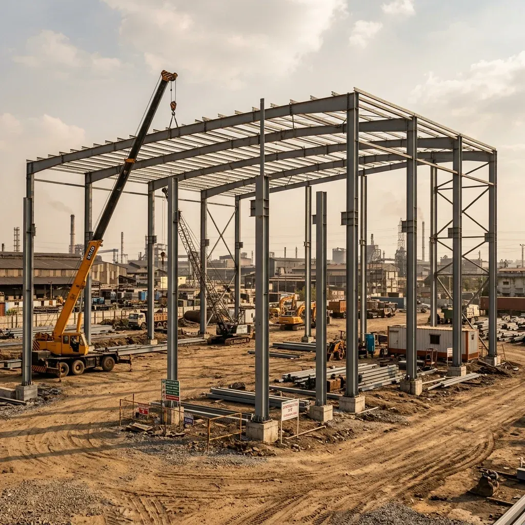 Fast assembly of steel frames at a warehouse construction site