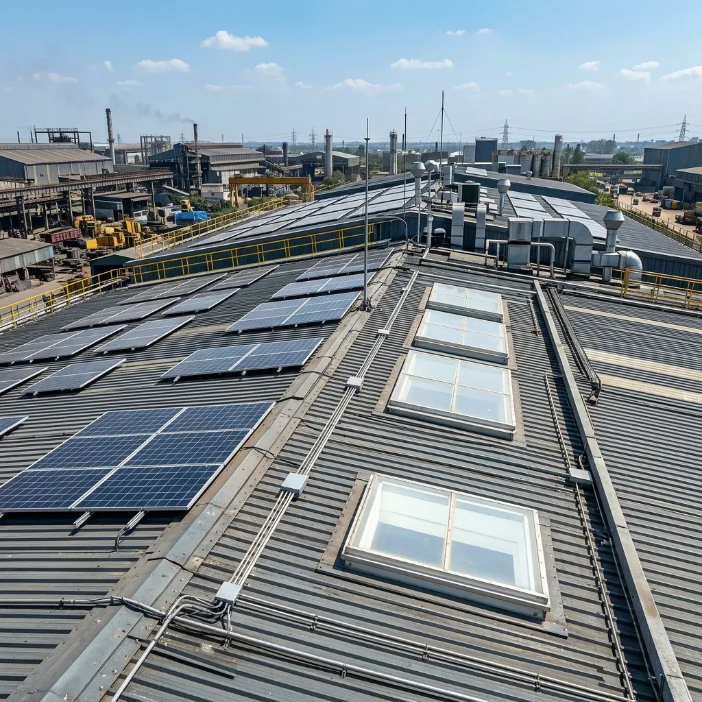 Close up of a modern PEB roof with skylights and solar panels