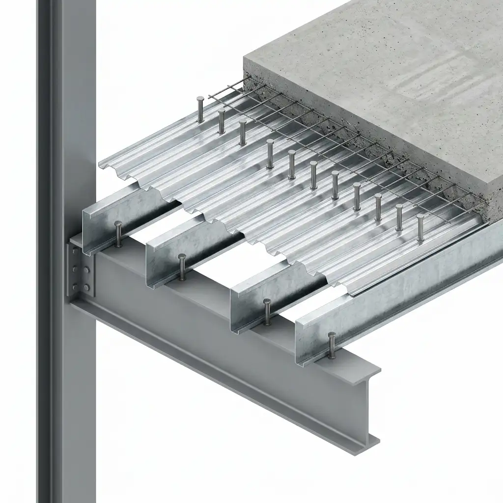 3D architectural cross-section detail of a composite mezzanine floor system