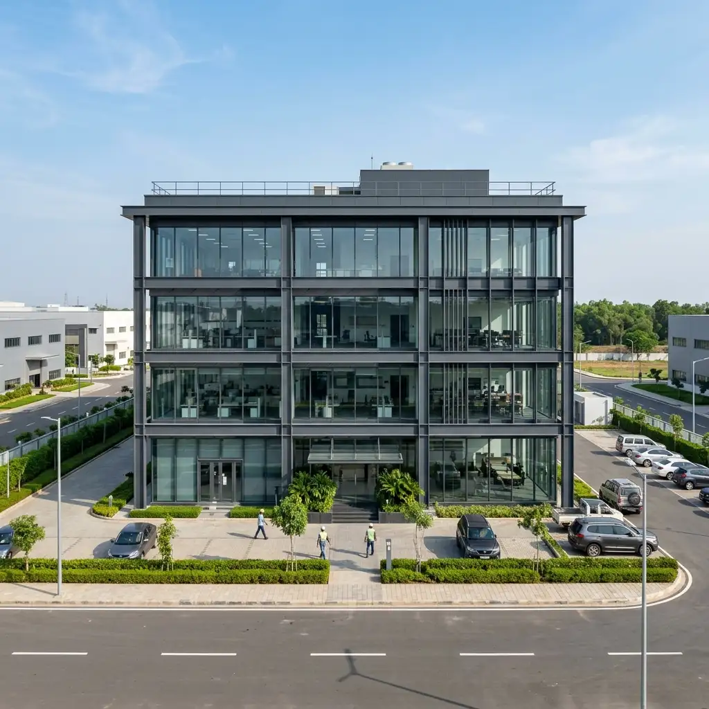 Multi-story industrial factory building with dark grey steel framework