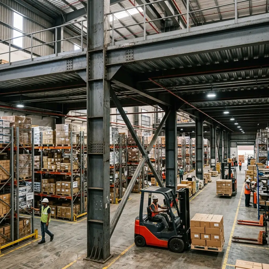 Interior view of a working multi-story warehouse showing mezzanine floor
