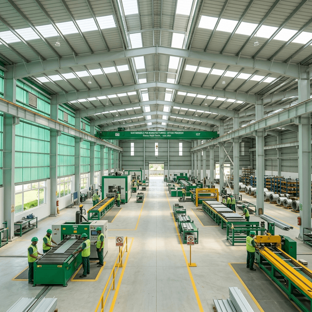 Bright and spacious interior of a green PEB factory