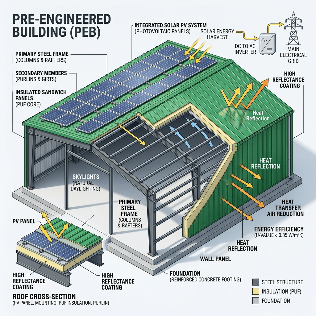 High-class technical diagram of a green PEB structure