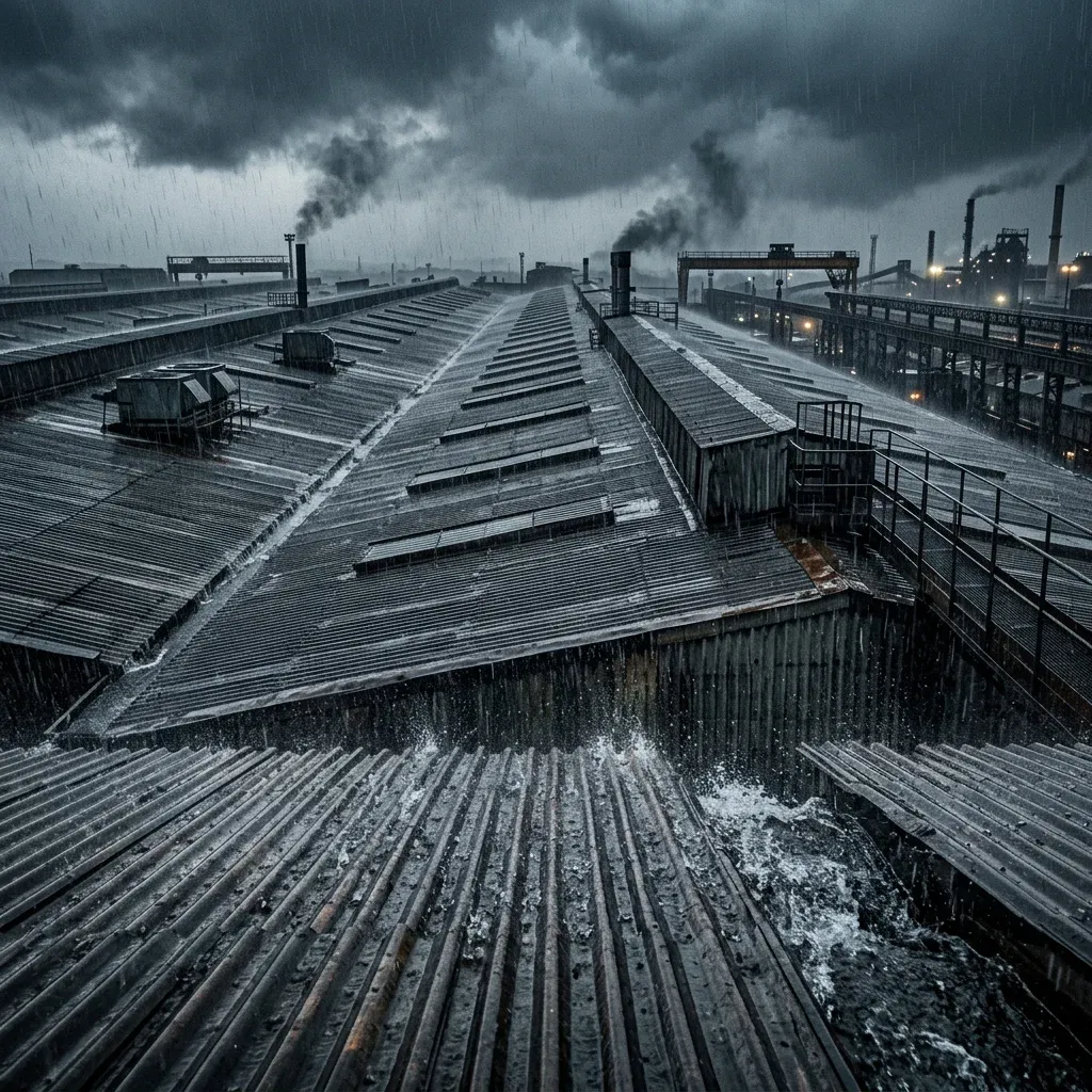 Industrial steel shed in heavy monsoon rain