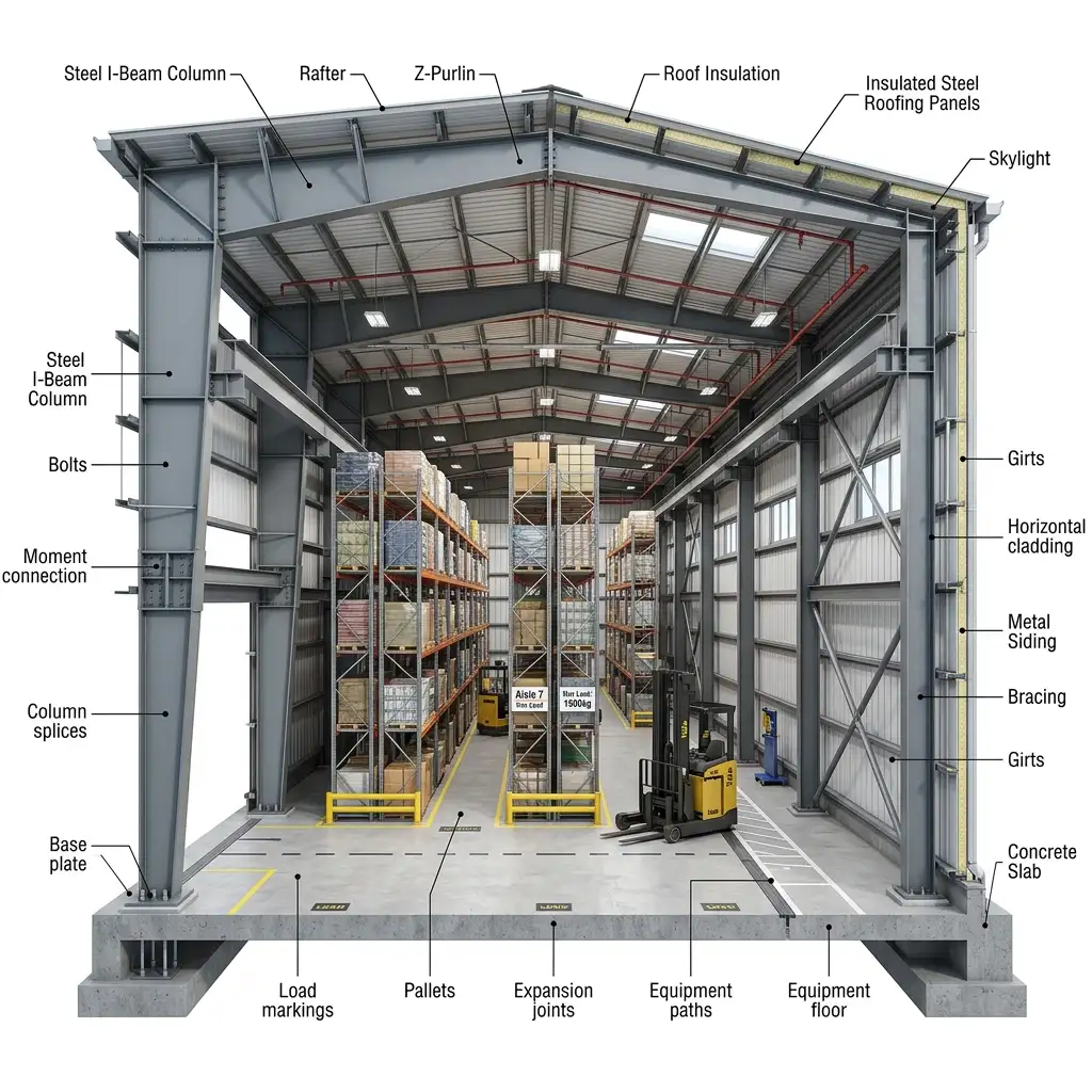 High-Bay PEB Warehouse 3D Technical Diagram