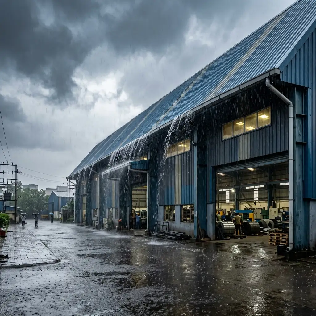 Exterior view of a pre-engineered factory shed during heavy monsoon rain, demonstrating excellent water resistance