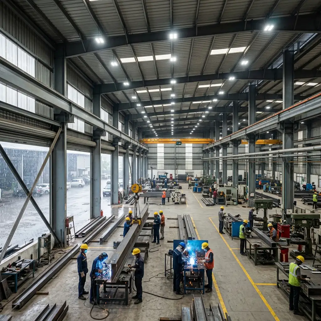 Interior of an active factory staying dry and productive during a heavy downpour