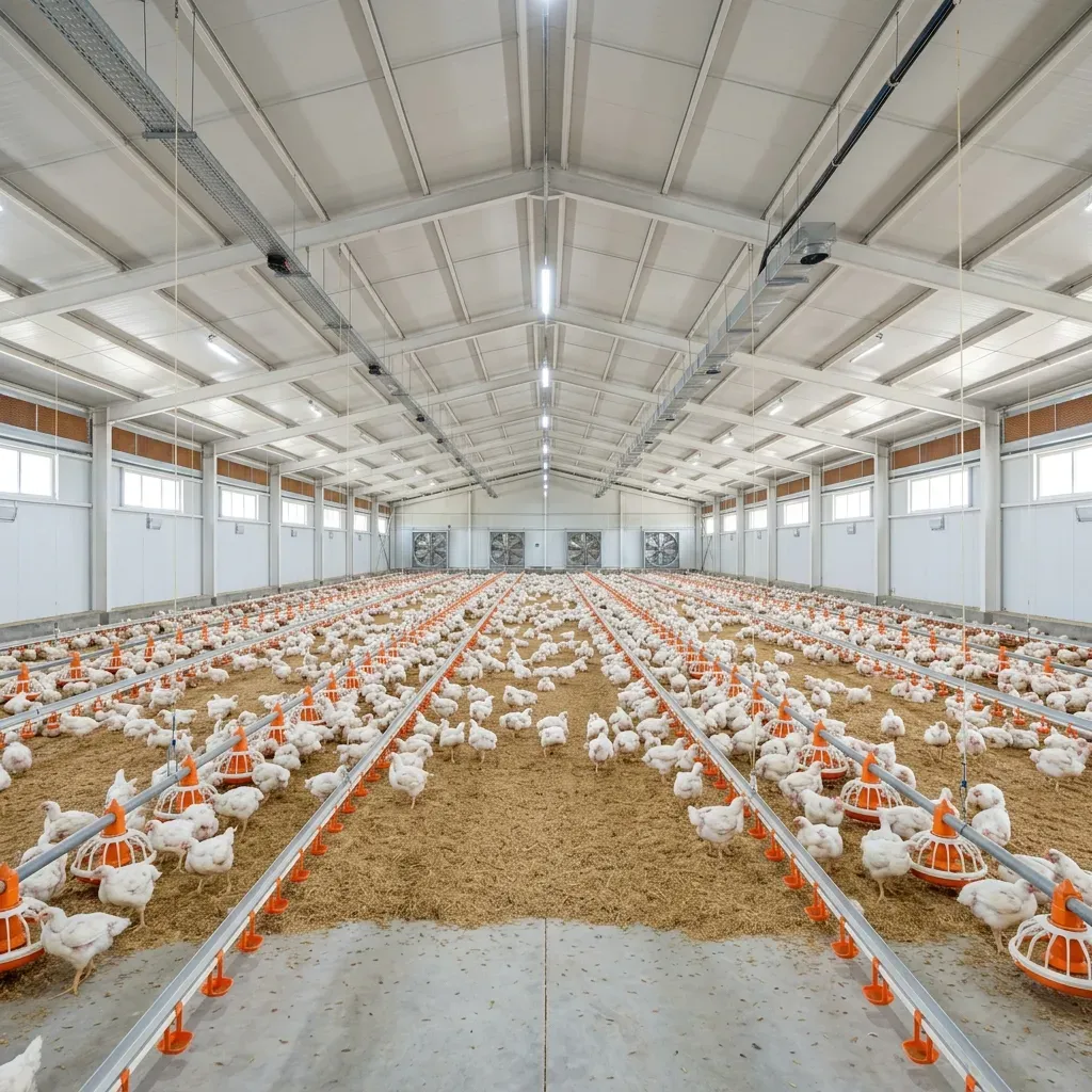 Interior of a modern controlled-environment poultry farm