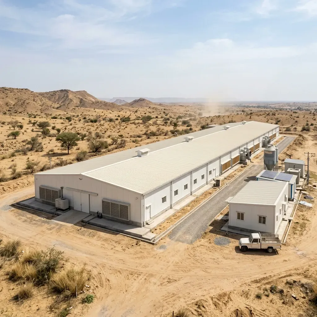 Modern poultry farm in Rajasthan desert with insulated panels