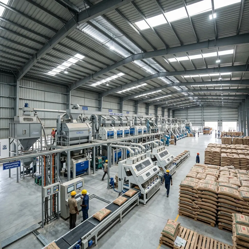 Vast column-free interior of a modern rice mill