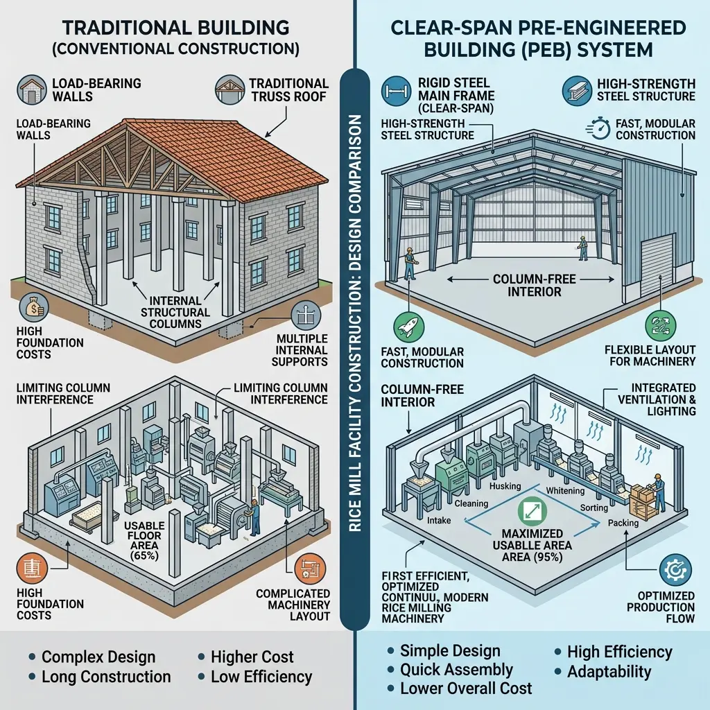 Topology diagram comparing traditional columns with clear-span PEB