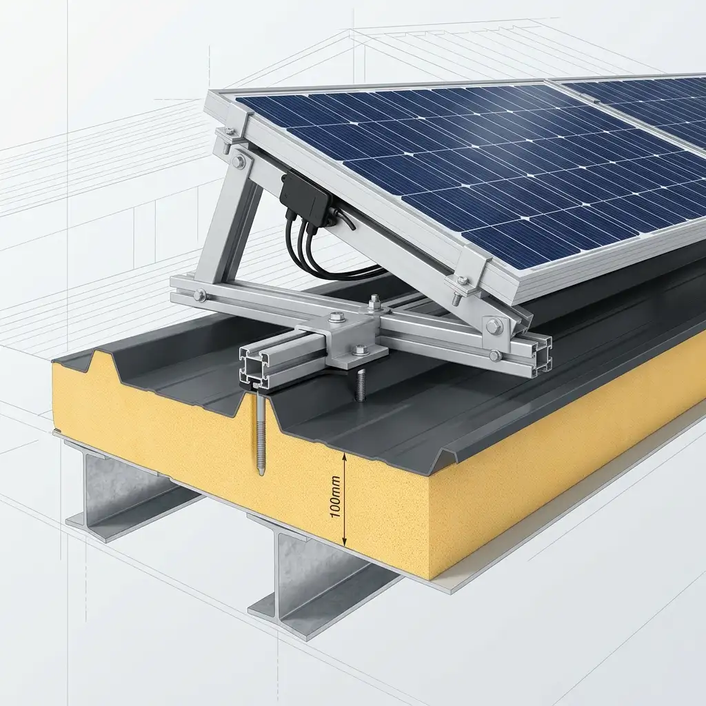 Technical cross-section diagram of a PUF panel with solar mounting structure