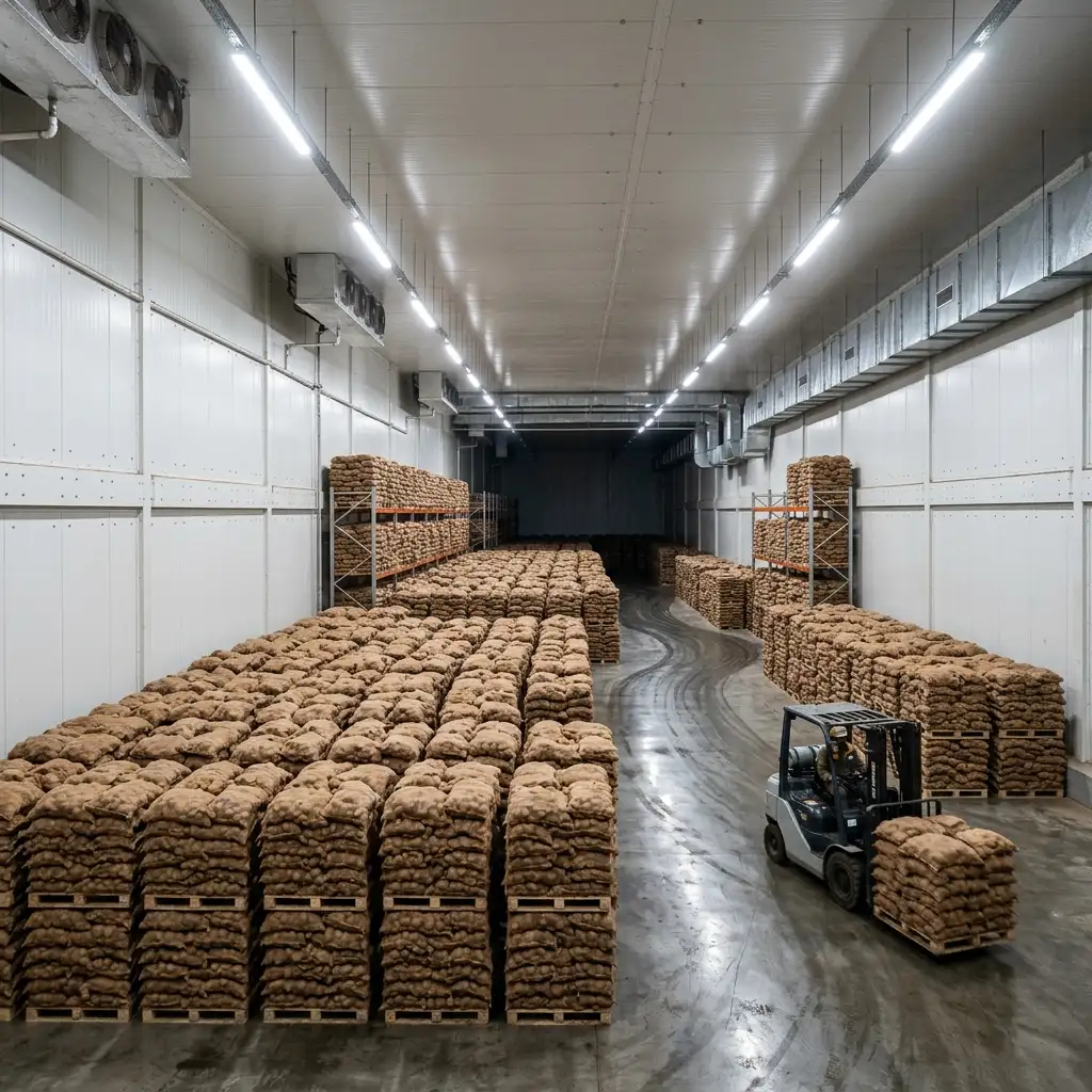 Interior view of a massive potato cold storage facility made of PUF panels