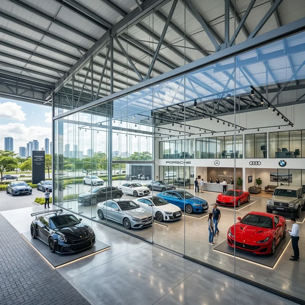 Finished clear-span steel automobile showroom
