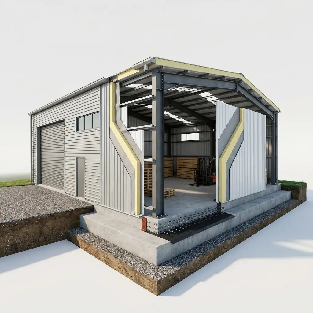 Technical diagram of PUF panel wall and anti-termite foundation seal for PEB timber shed
