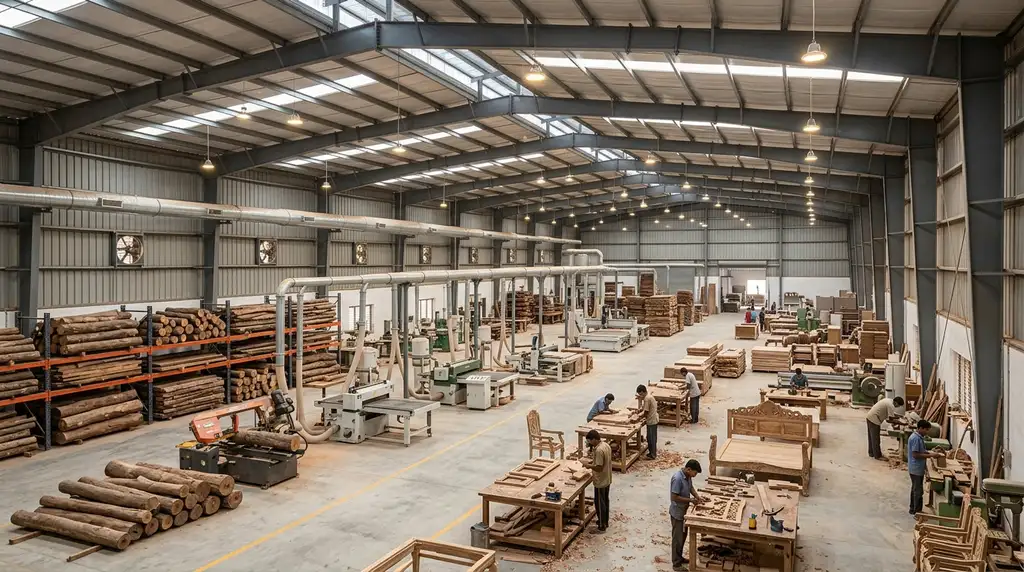 Spacious clear-span interior of a PEB timber factory in Saharanpur