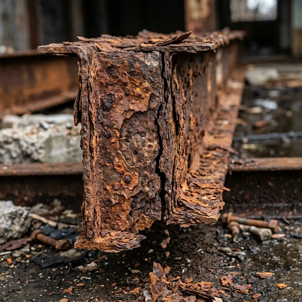 Severely rusted cheap steel beams highlighting structural failure