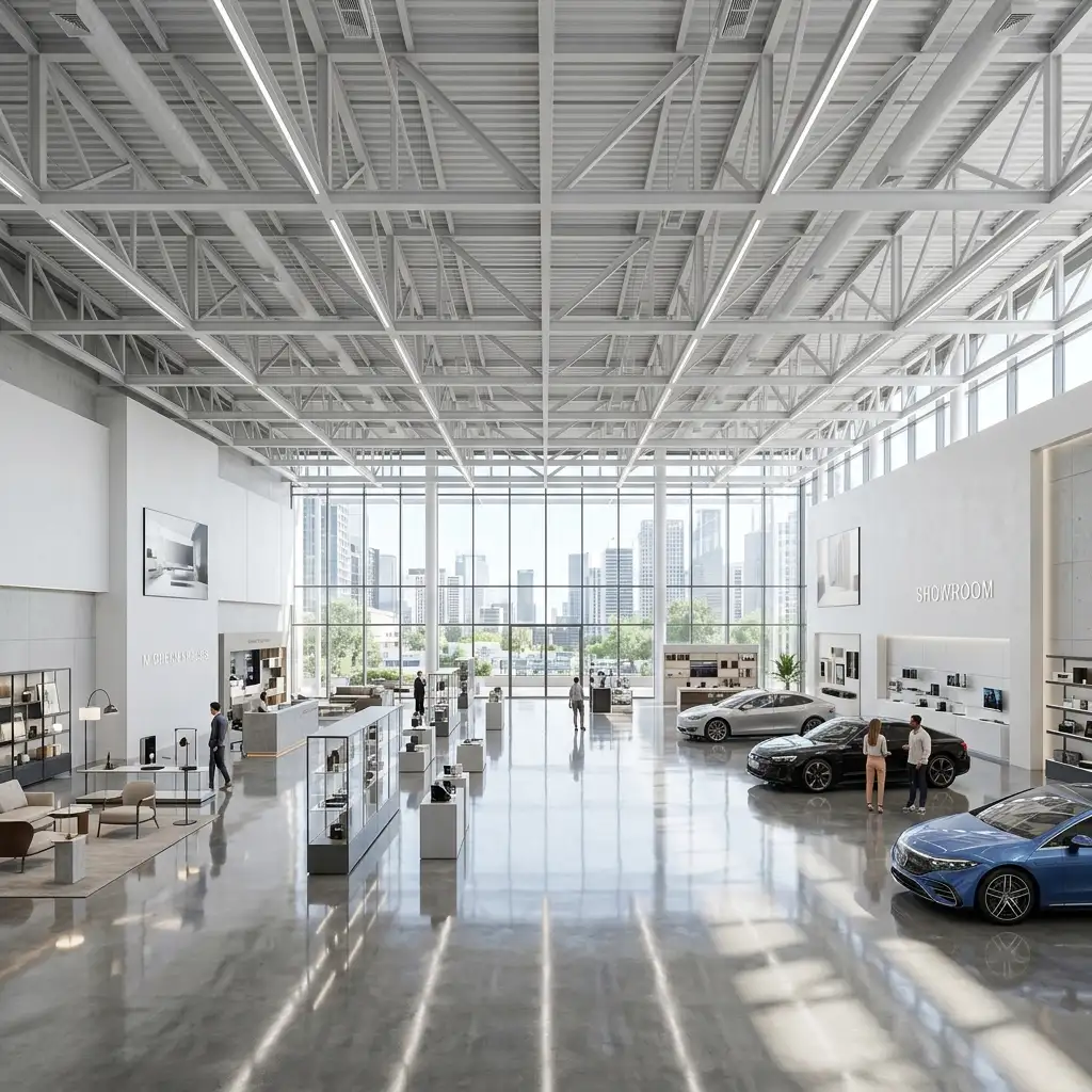 Interior of a premium commercial showroom with polished floors