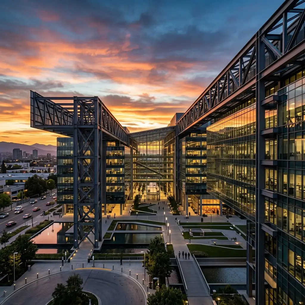 Massive modern commercial steel building complex at sunset