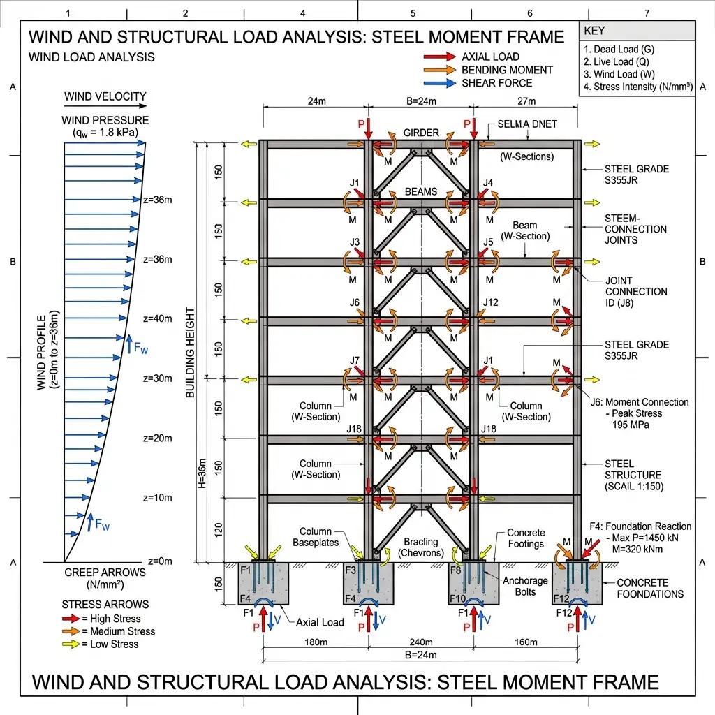Technical engineering diagram of wind and structural load analysis