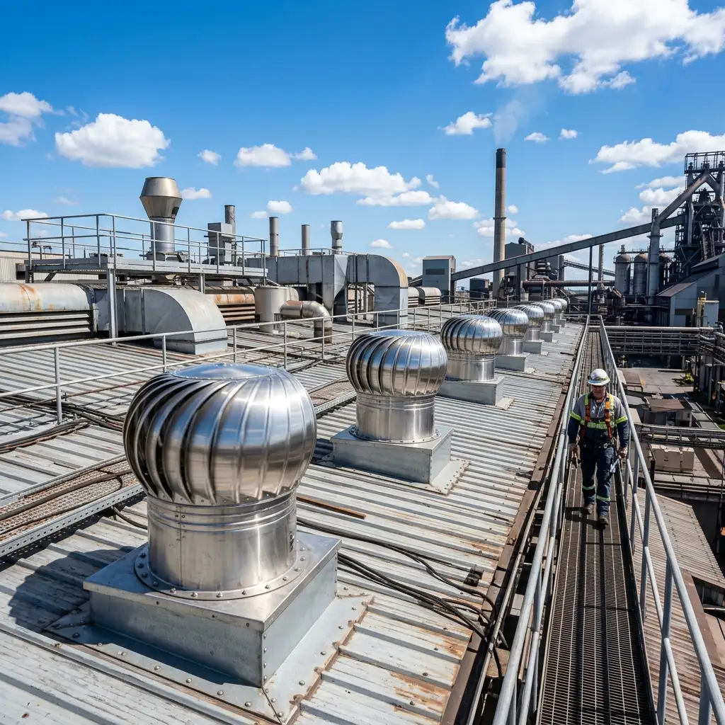 Modern turbo ventilators spinning on a steel factory roof