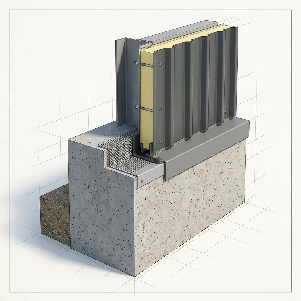 Detailed 3D architectural illustration showing concrete plinth foundation and wall-cladding joint