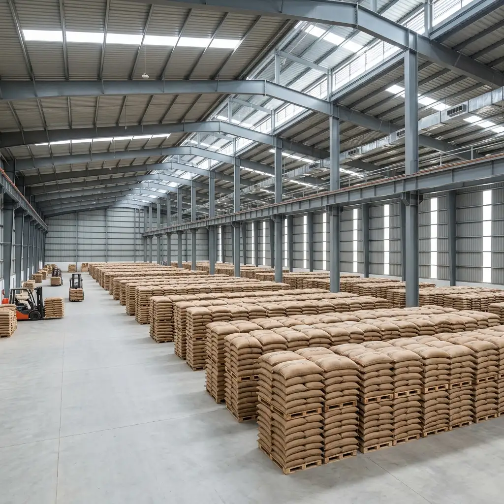 Interior photo of a massive, clean, dry PEB grain storage godown