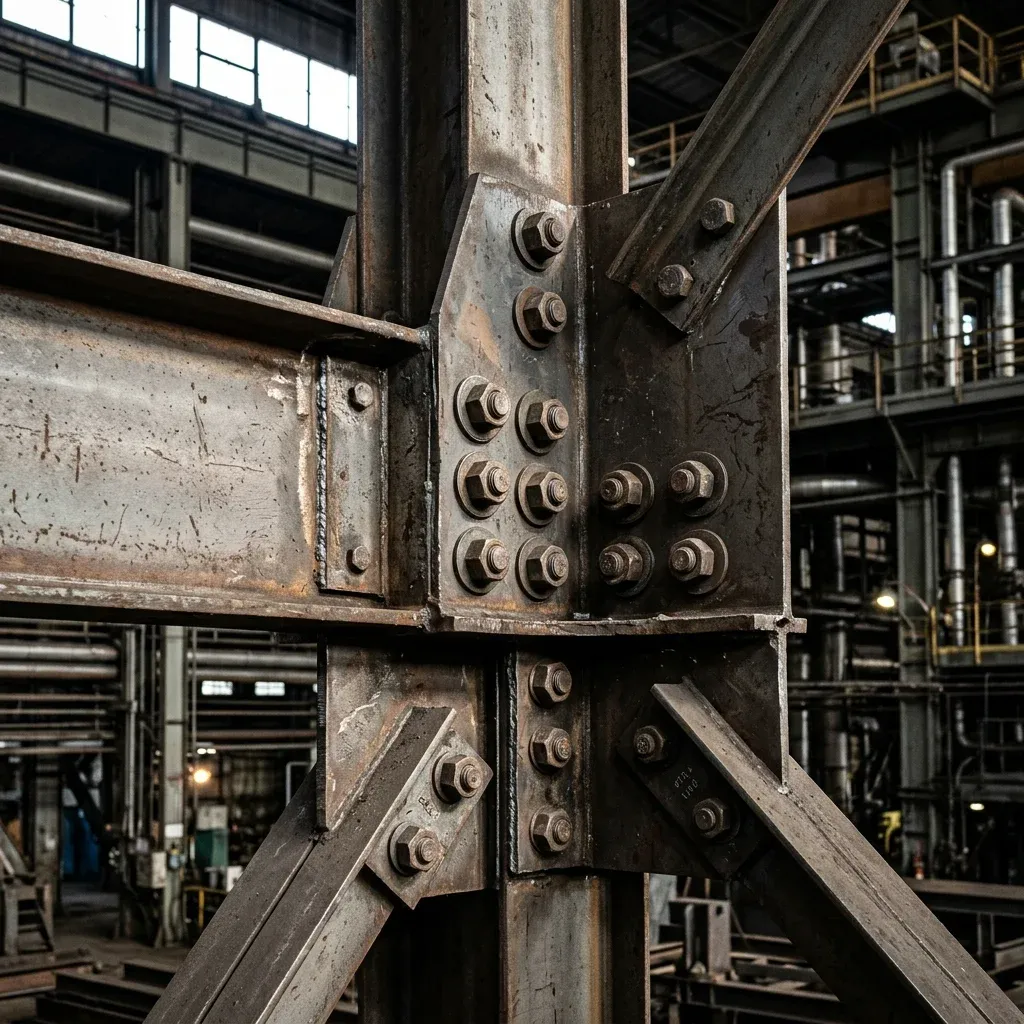 Close up of heavy duty structural steel joints and bolts