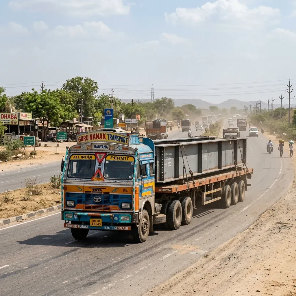 Heavy transport truck carrying large prefabricated steel girders