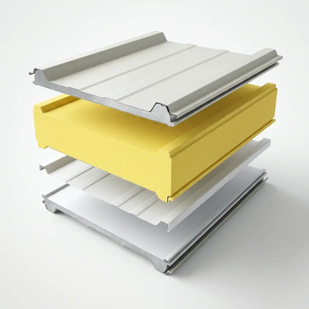3D cross-section diagram showing the layers of a PUF insulated sandwich panel