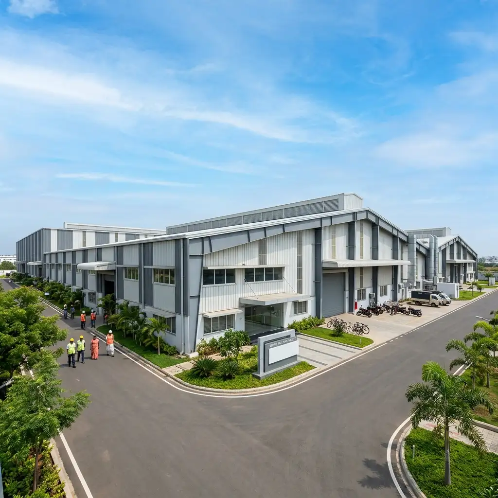Exterior of a modern PEB textile factory in Varanasi