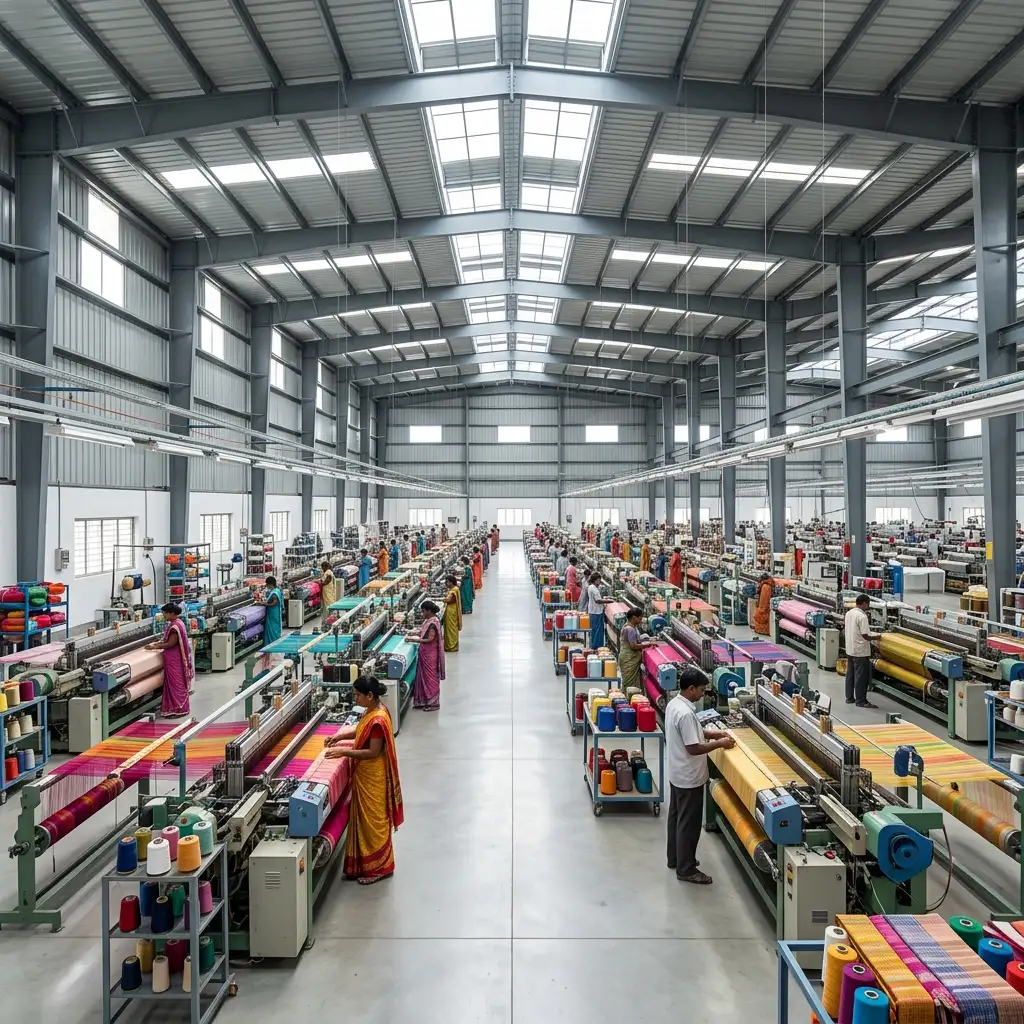 Interior of a dust-free PEB textile unit with looms