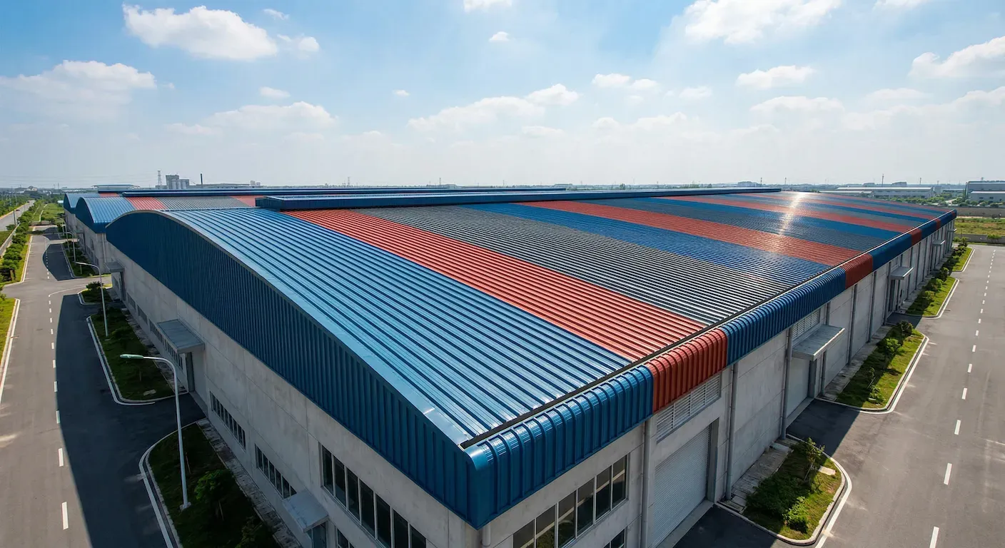 Industrial building showing premium multi-color roofing sheets by Suraj Fabricators for weather protection