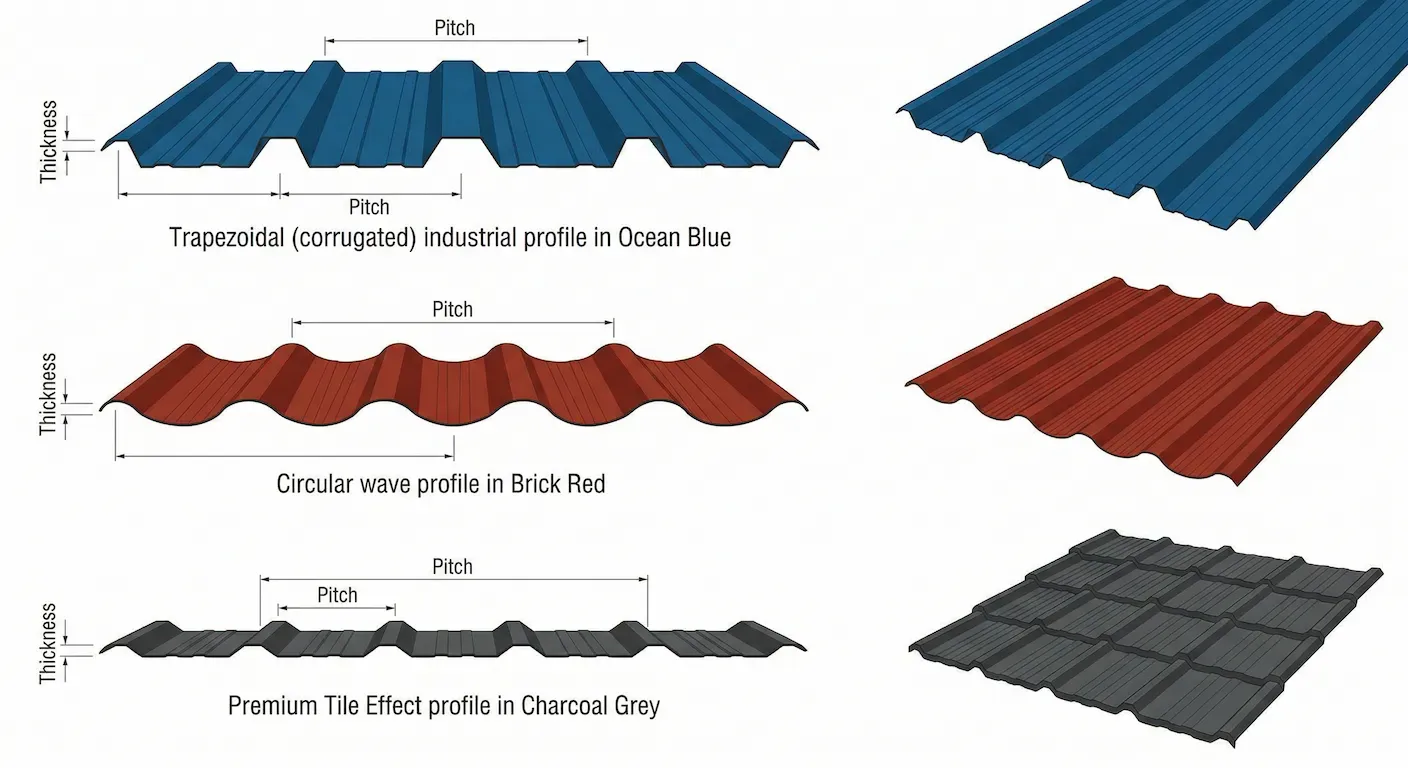 Technical diagram of Trapezoidal, Circular Wave, and Tile Effect roofing sheet profiles from Suraj Fabricators